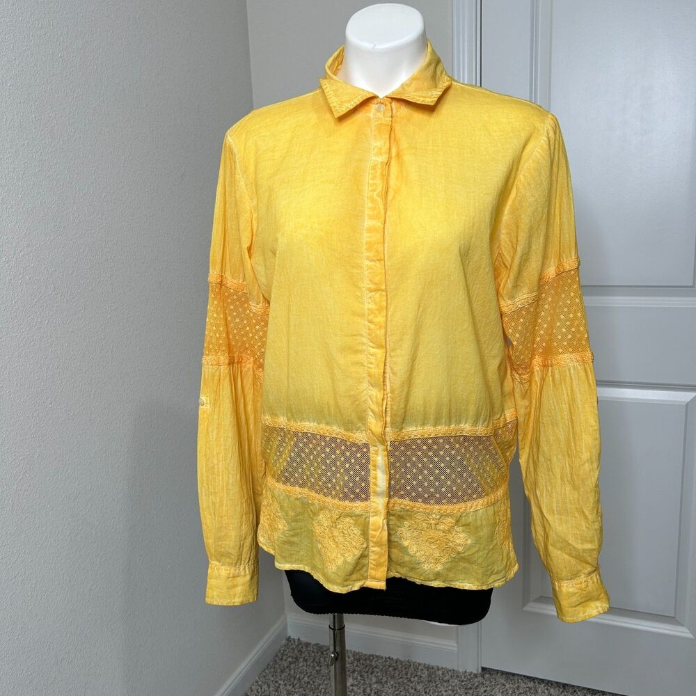 Vintage Goa Button Up Shirt Lace Yellow Corn Silk Cotton Roll Tab Large Boho